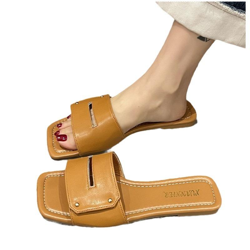 Niche Large Size Square Head Cool Slippers Women's Outer Wear New Casual Versatile Design Seaside Beach One-word Drag