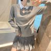 Preppy Two-Piece Bow Knit Sweater with Shirt Collar for Women