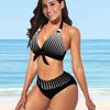 Women's Hanging Neck Swimsuit Black Grid Print Bikini Tankini Swimsuit