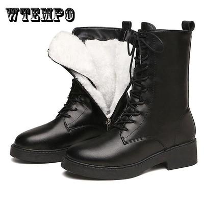 Женские сапоги Зимняя обувь Черные кожаные меховые сапоги Плюшевые теплые ботильоны на платформе Массивные ботинки Модельер