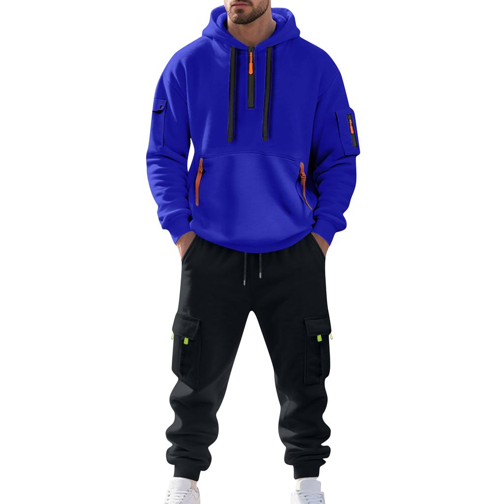 Men's Solid Color Casual Suit Loose Sports Hooded Sweatshirt With Pockets Multi Pocket Overalls Suit
