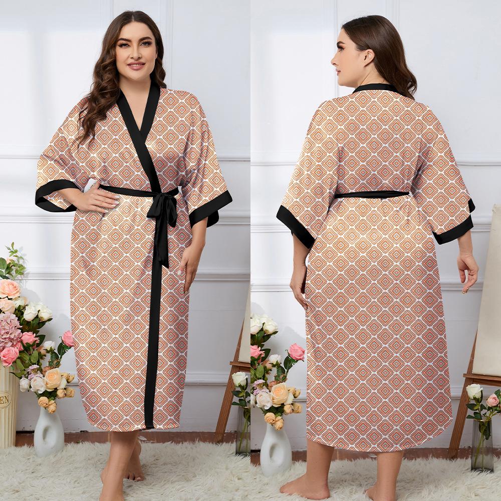 Весенне-осенние женские пижамы большого размера, домашнее платье, пижамный халат, имитация шелка, цветной принт, домашняя повседневная ночная рубашка