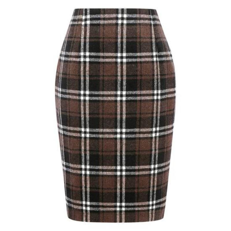 Женская весенняя юбка с высокой талией, клетчатый принт контрастного цвета, облегающая прямая, теплая юбка длиной до колена, зимняя юбка, женская одежда