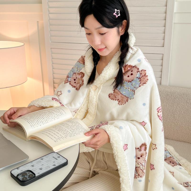 2026 Winter Thickened Milk Fleece Blanket Soft Warm Wearable Shawl Blanket with Buttons Cute Animal Plush Lap Blanket for Office Home Travel