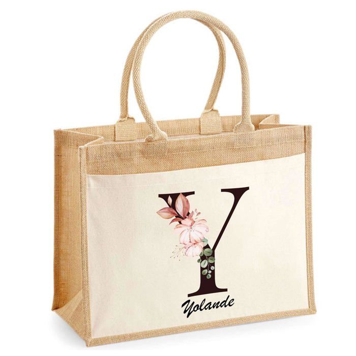 Sac de plage - PLANETEE - Yolande Lettre Fleur - poche - coton naturel - imprimé en France