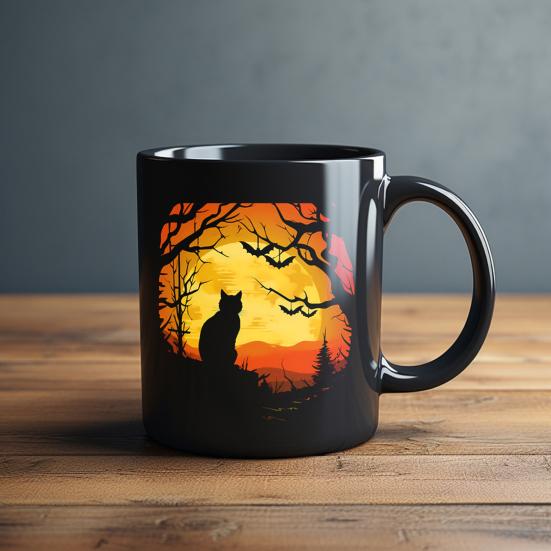 Personalized Black Cat Mug Ceramic Coffee Mug Double-Sided Printing Tea Cup Halloween Novelty Drinkware for Cat Lovers