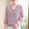 Spring/Summer Round Neck Mesh Sleeve Ice Silk Top for Middle-Aged Women