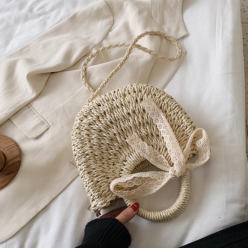 Yogodlns Соломенная сумка женская сумка ручной работы в форме луны с кружевным бантом, сумка из ротанга, большая вместительная повседневная пляжная сумка через плечо на шнурке