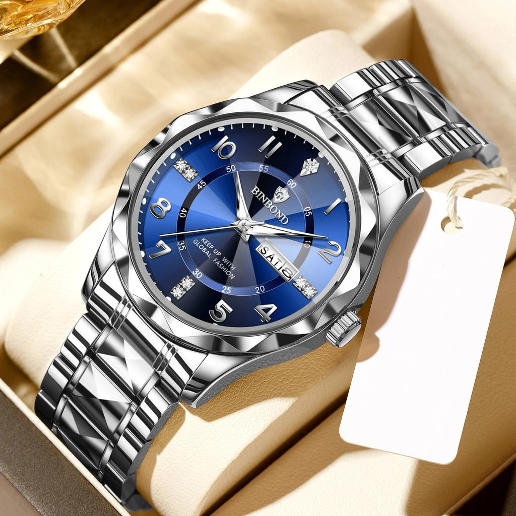 BINBOND Luxury Men Quartz Watch Waterproof Date Week Luminous Wristwatch Stainless Steel Men's Watches Male Clock