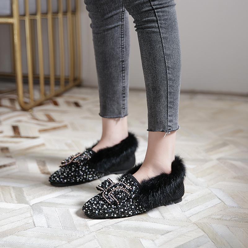 Мода 34-43 Большой размер Кристальная вышивка Меховые мокасины женские зимние туфли квадратный носок теплые плюшевые лоферы женские блестящие жемчужные норковые меховые балетки