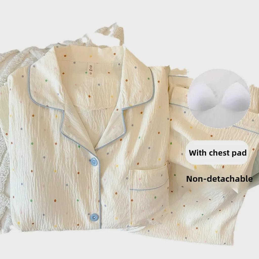 Женский пижамный комплект из хлопка в горошек: Кардиган с длинными рукавами и нагрудными накладками на весну и осень