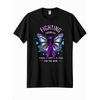 Fighting Fibromyalgia Black T-Shirt - Round Neck Design Featuring Purple Ribbon Symbol Surrounded by Colorful Butterflies, Inspirational Text
