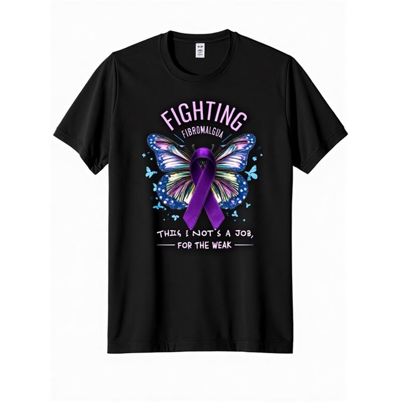 Fighting Fibromyalgia Black T-Shirt - Round Neck Design Featuring Purple Ribbon Symbol Surrounded by Colorful Butterflies, Inspirational Text