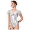 Women Ballet Dance Leotard Metallic Mesh Patchwork Flutter Sleeve Ruched Front Cross U Back Bodysuit for Stage Performance
