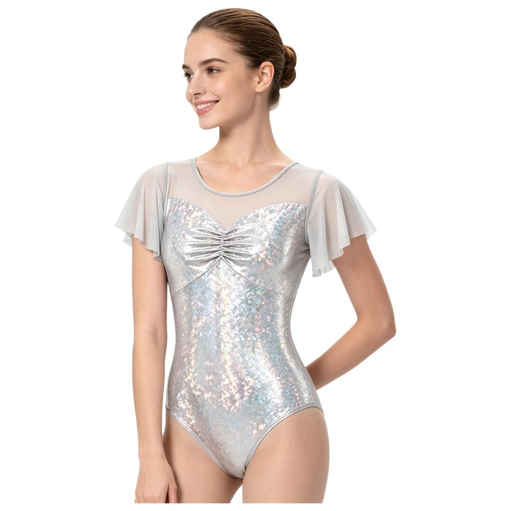 Women Ballet Dance Leotard Metallic Mesh Patchwork Flutter Sleeve Ruched Front Cross U Back Bodysuit for Stage Performance