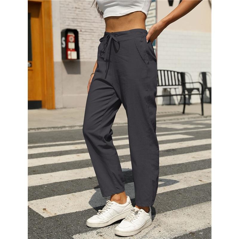 Casual Cotton Linen Drawstring Trousers For Women Comfortable Elastic Waist Long Pants Fashionable Lightweight Ladies Bottoms