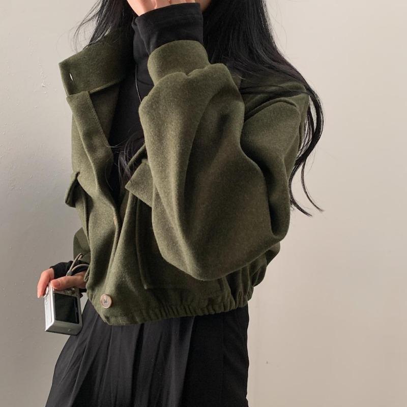 Autumn and Winter Fashion Stand-up Collar Women Short Coats Loose Casual Long Sleeve Office Shirt Ladies Elegant Simple Pockets Jackets Clothing