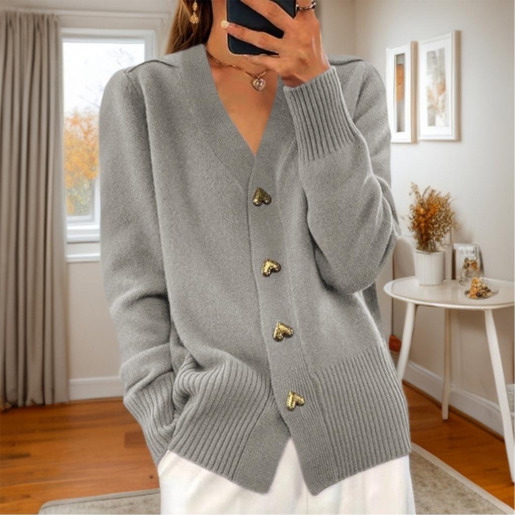 Women's Fashion Solid Color Long Sleeve V-Neck Knit Cardigan Button Sweater Jacket