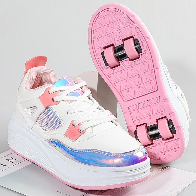Детские роликовые коньки с четырьмя колесами, съемная плоская спортивная обувь для девочек, розовые роликовые коньки, спортивная обувь, розовые кроссовки