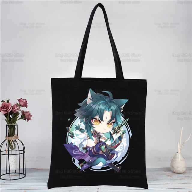 Genshin Impact Xiao аниме-игровые сумки, тканевая холщовая большая сумка, черная сумка для покупок, путешествий, женские эко-многоразовые сумки на плечо для покупок