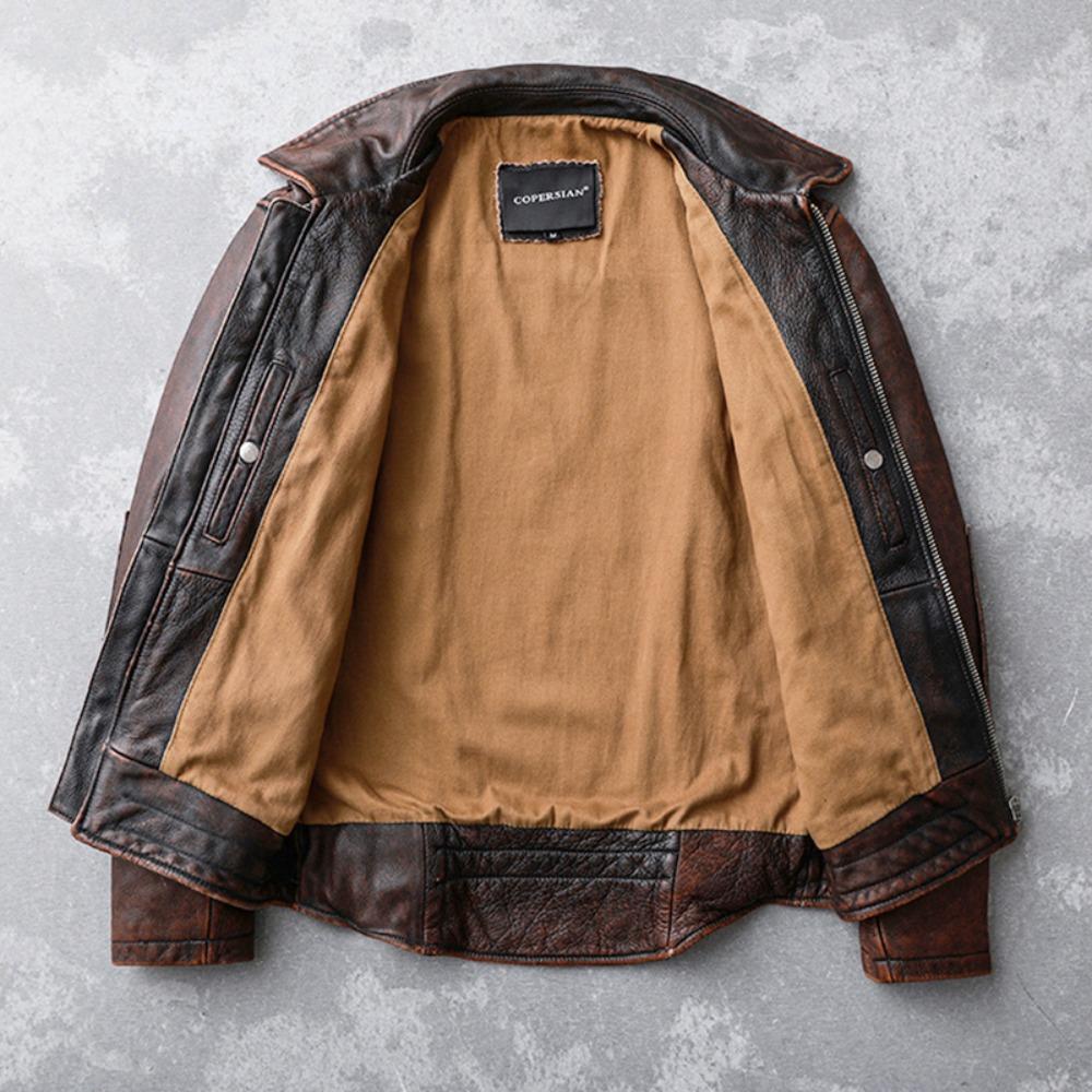 Китайский размер мужская натуральная кожаная куртка винтажная коричневая 100% коровья кожа пальто мужская тонкая модная байкерская одежда азиатский размер
