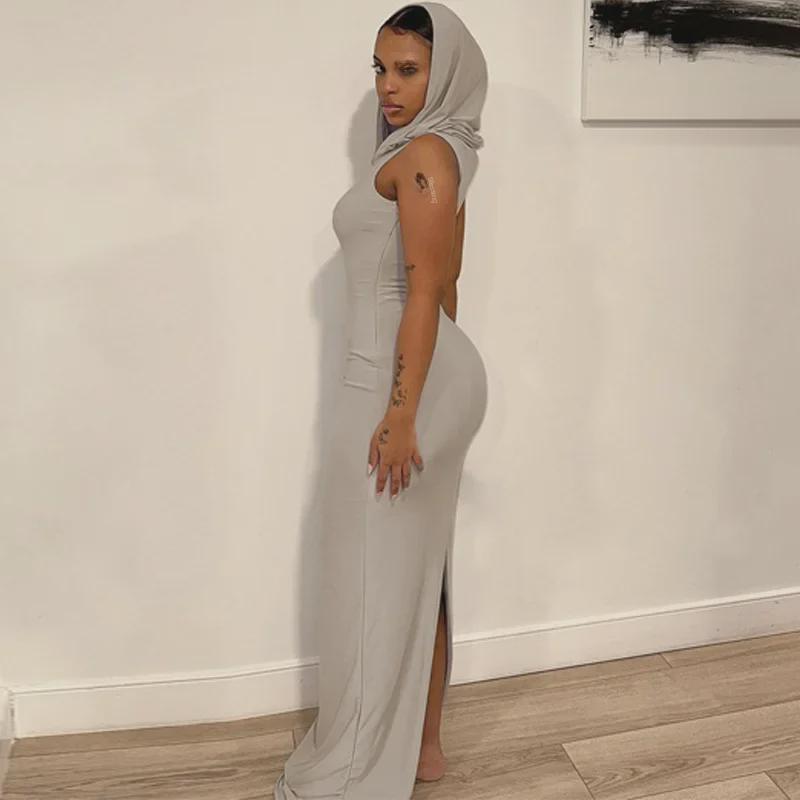 Платье-футляр в европейском и американском стиле с капюшоном и длинными рукавами