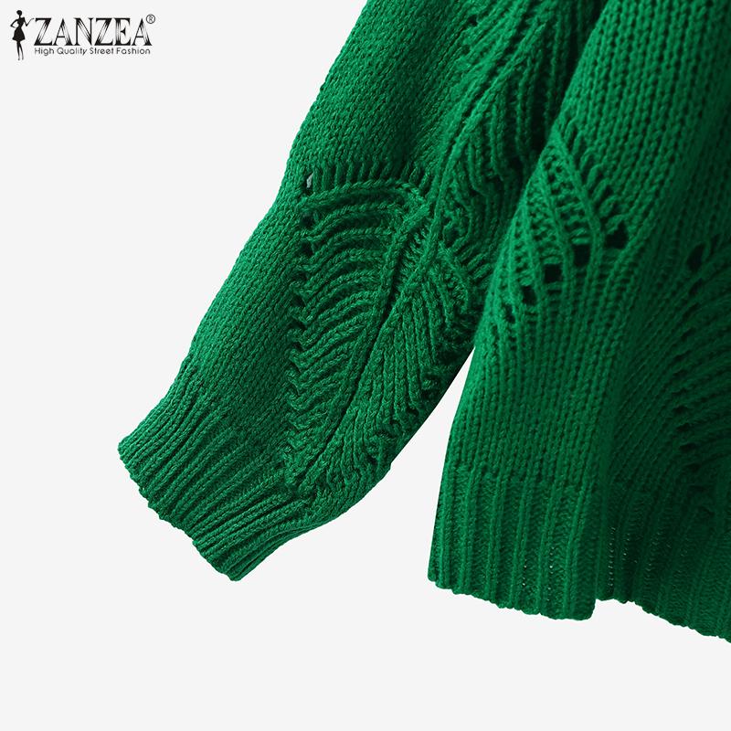 ZANZEA Осенние женские пуловеры с V-образным вырезом, длинными рукавами и ажурной вязкой