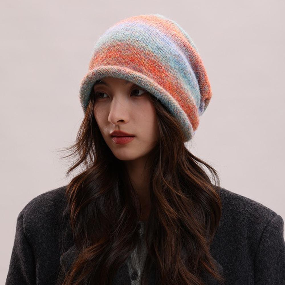 Gradient Color Bonnet Hat Knitted Drawstring Slouch Hat Fashion Beanies Skullies