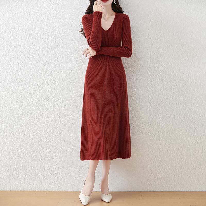 Женское платье-свитер 100% шерсть MODERN NEW SAGA V-образный вырез трикотажный длинный пуловер зимние джемперы шерстяное длинное платье женское