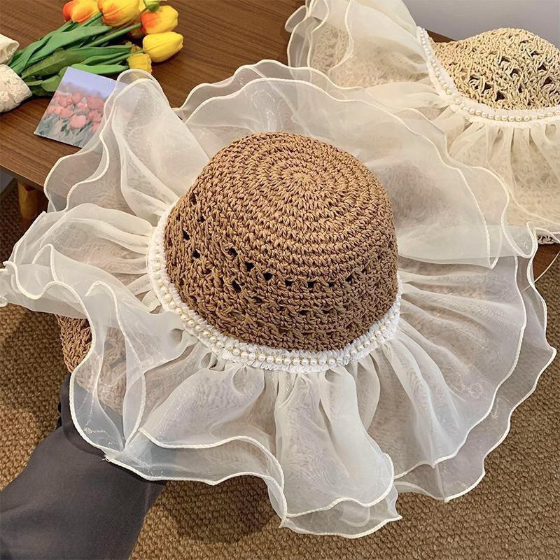 RICYGVM Lace Ruffle Straw Hat For Women Large Brim Fisherman Cap Travel Beach Sun Protection Hats Sweet Girl Hollow Grass Visors