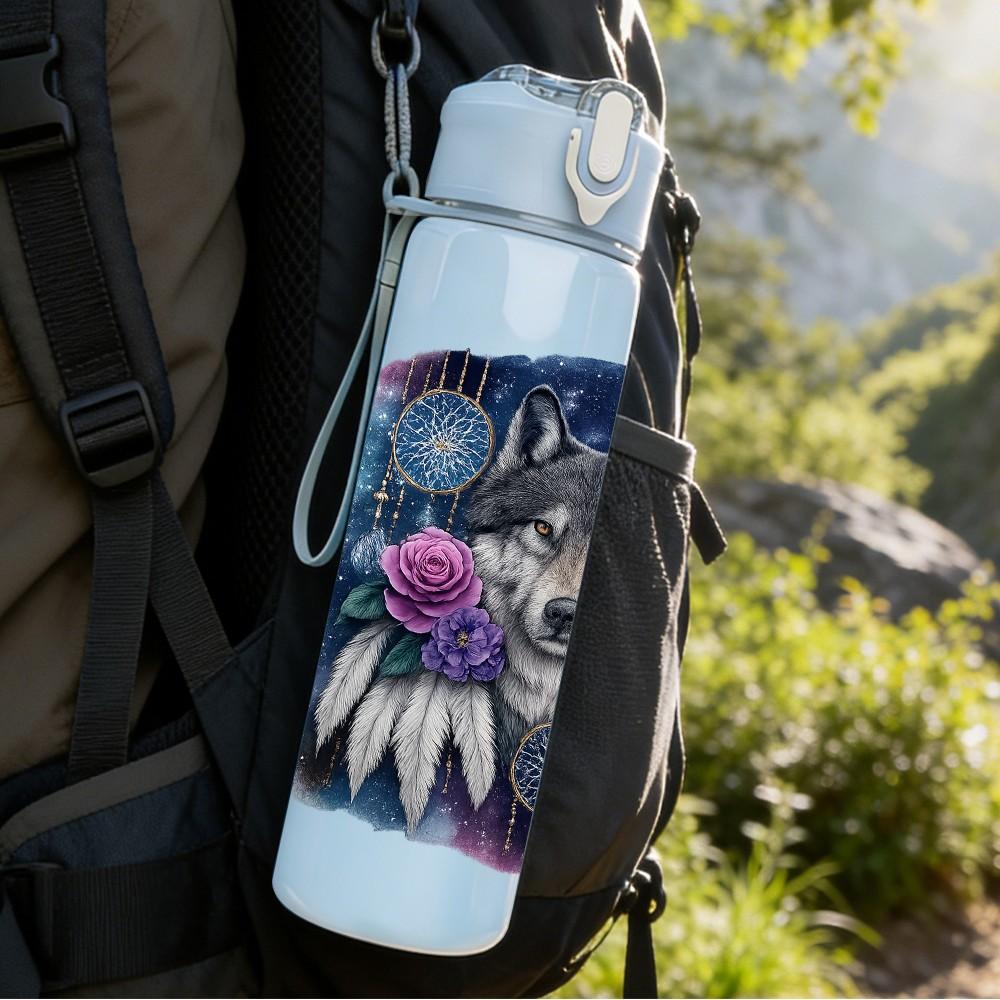 1PC Wolf Flower Wreath Dark Portrait 750ml Color Plastic Sports Water Bottle Leakproof Flip Straw Lid Suitable for Sports Office Home Use