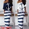 Patterned Strapless T-Shirt and Striped Maxi Skirt Set Two-Piece Dress (Size Large)