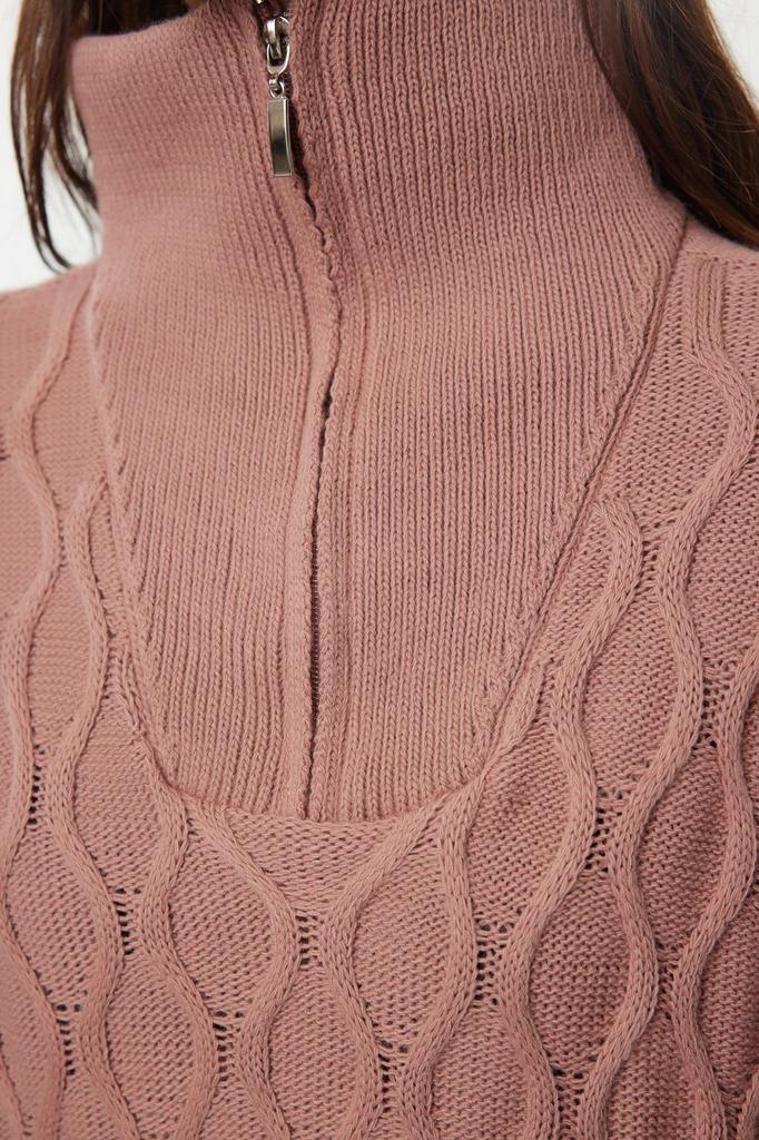 Women's Fashionable Stylish Sweater Dusty Rose Wide Pattern Hair Braided High Collar Knitwear Sweater