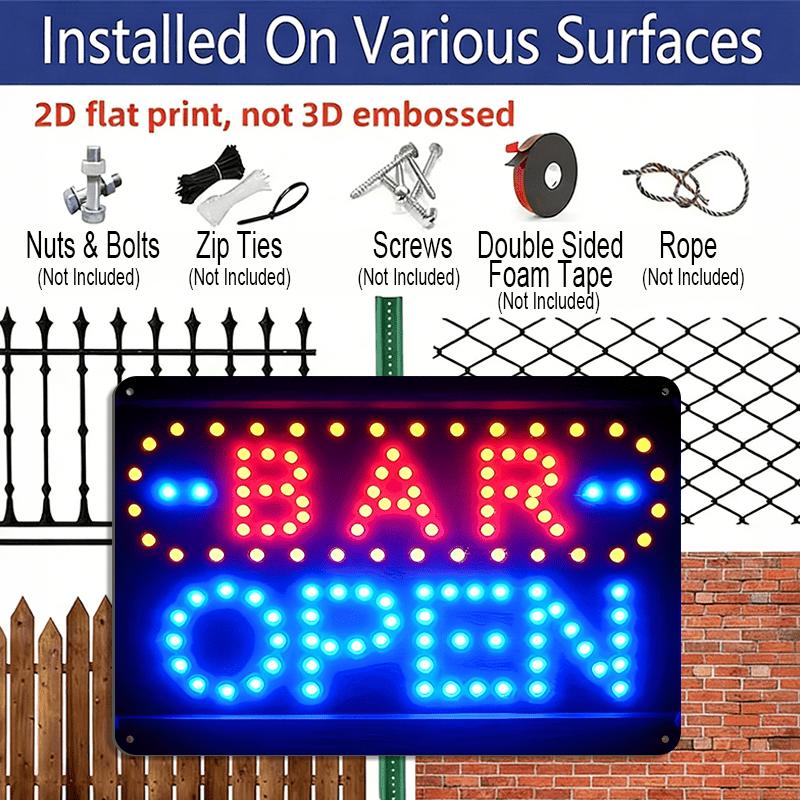 2D Flat, 1pc Neon-Style Metal Sign "Bar Open" - Bright Red and Blue Light, Durable Aluminum for Home, Garden, Garage, Bedroom, for Man Cave, Cottage