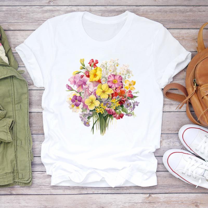 (Азиатский размер) Футболка с цветочным принтом и круглым вырезом, модная футболка, женская одежда, повседневная женская футболка с коротким рукавом и принтом, женская футболка с графикой