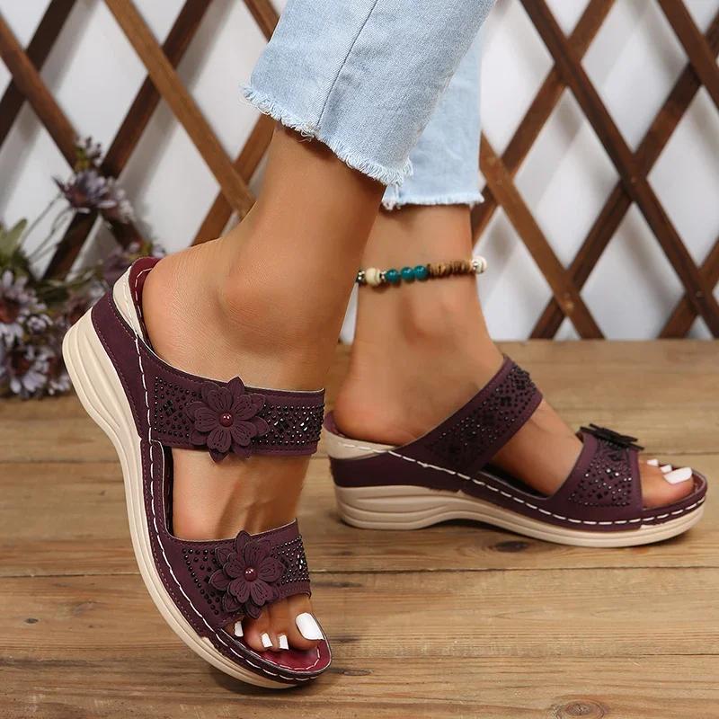 2024 2024 Summer Women Slippers Plus Size Women's Shoes Retro Roman Sandals Women Pu Casual Flower Wedge Sandals Platform Slippers