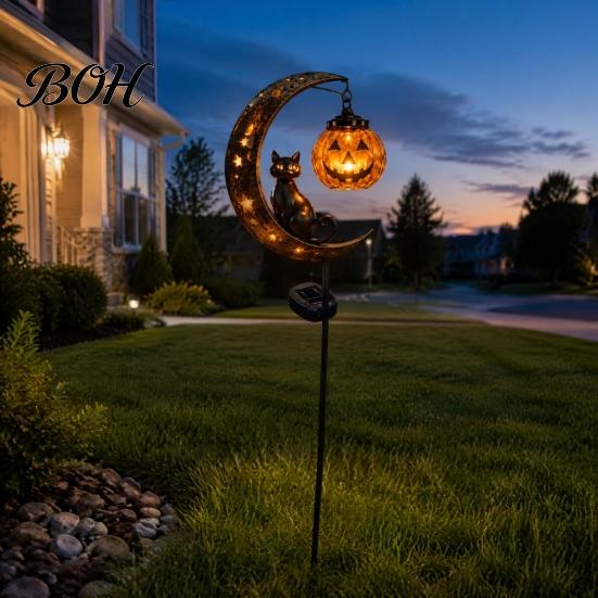 Easy Install Decorative Stakes Halloween Solar Garden Light, Black Cat Pumpkin Moon Stake Pathway Lights for Home Courtyard Waterproof LED Yard
