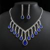 Fashion Bright Diamond Necklace Earrings Set Bridal Wedding Blue Water Drop Tassel Jewelry Two-piece Set