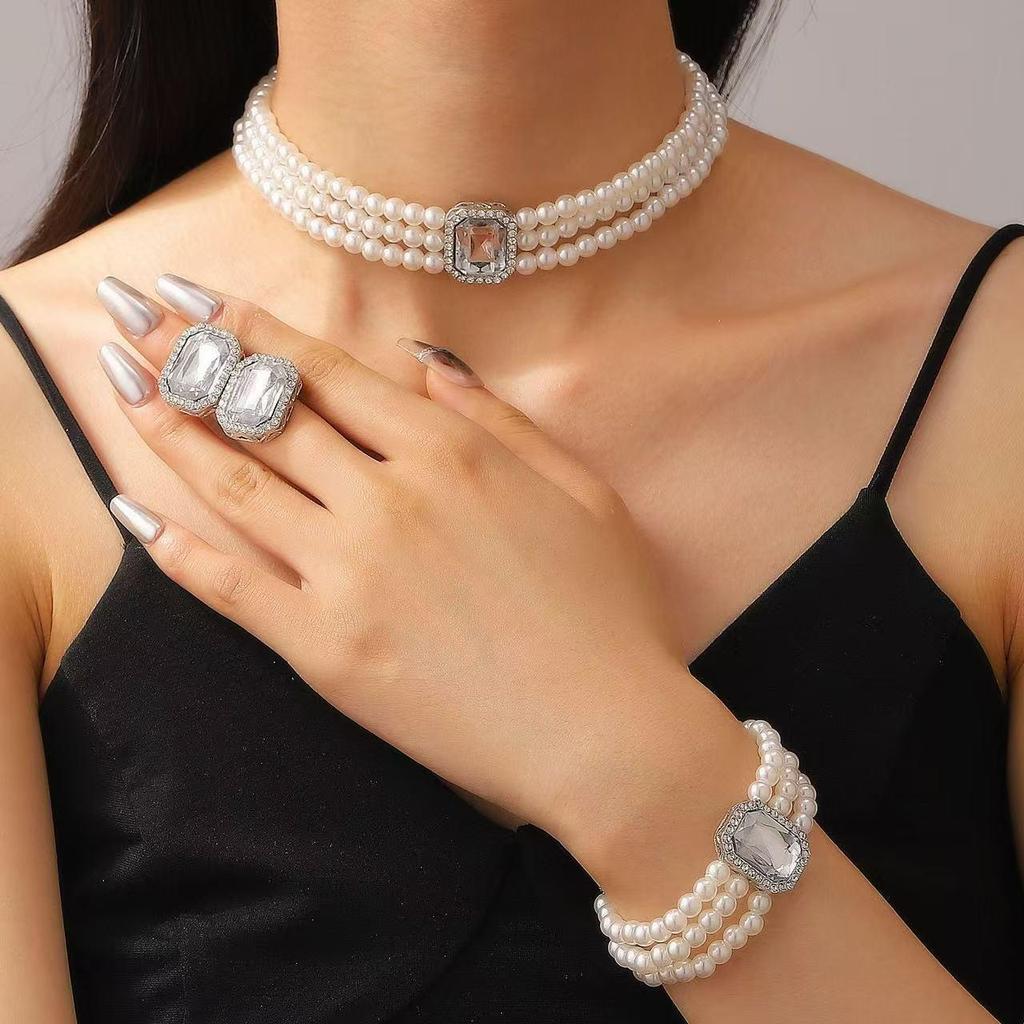 Hepburn Retro Faux Pearl & Gemstone Jewelry Set: Multi-Layer Choker, Bracelet, & Stud Earrings for Women