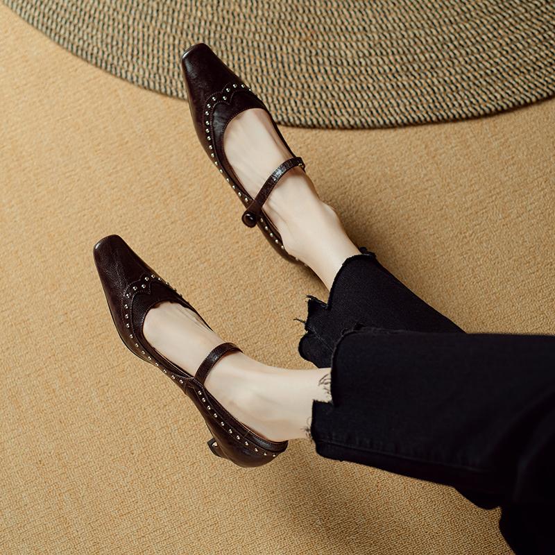 Мода 2025 Новые Весенние Женские Туфли Квадратный Носок Женская Обувь Ретро Мелкие Натуральная Кожа Женские Туфли Овчина Мэри Джейнс