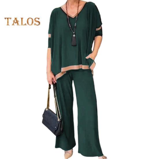 Женский комплект из 2 предметов: топ и брюки, V-образный вырез, рукава три четверти, толстовка с эластичной резинкой на талии, широкие спортивные штаны, спортивный костюм, осенний повседневный спортивный костюм