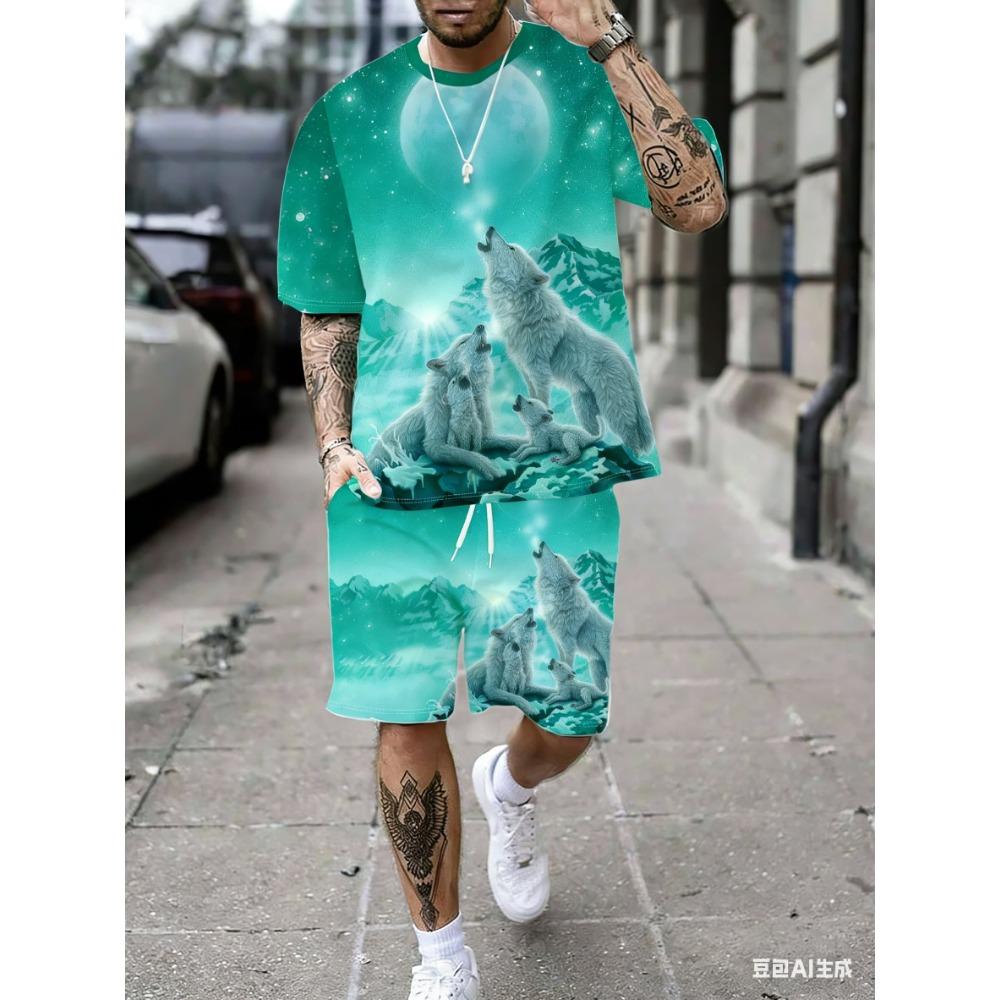 Мужской комплект: футболка с коротким рукавом и шорты с принтом «Звездное небо и стая волков»