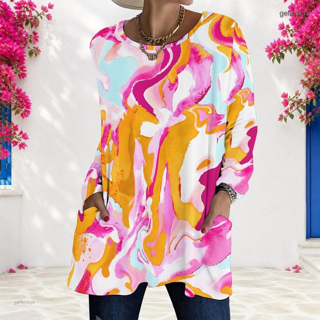 Women Plus Size Colorful Printed Round Neck Long Sleeve Loose Longline T Shirt With Pockets