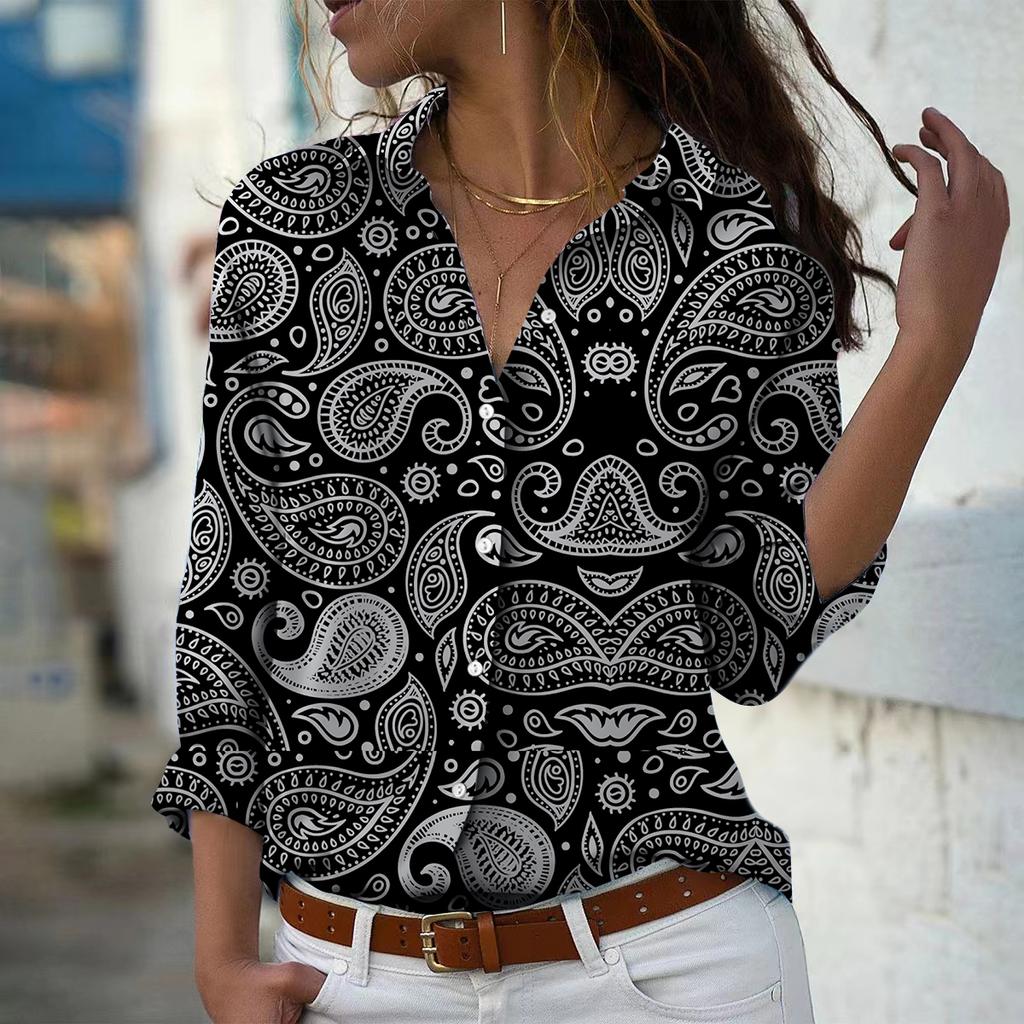 Парамеция Принт Женская Блузка Весна Осень Femme Офисная Дама На Пуговицах Рубашки С Отложным Воротником