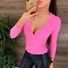 Women's Sexy V Neck Long Sleeve Ribbed Knitted Sweater Slim Knit Top Blouse Casual Pullover Sweater