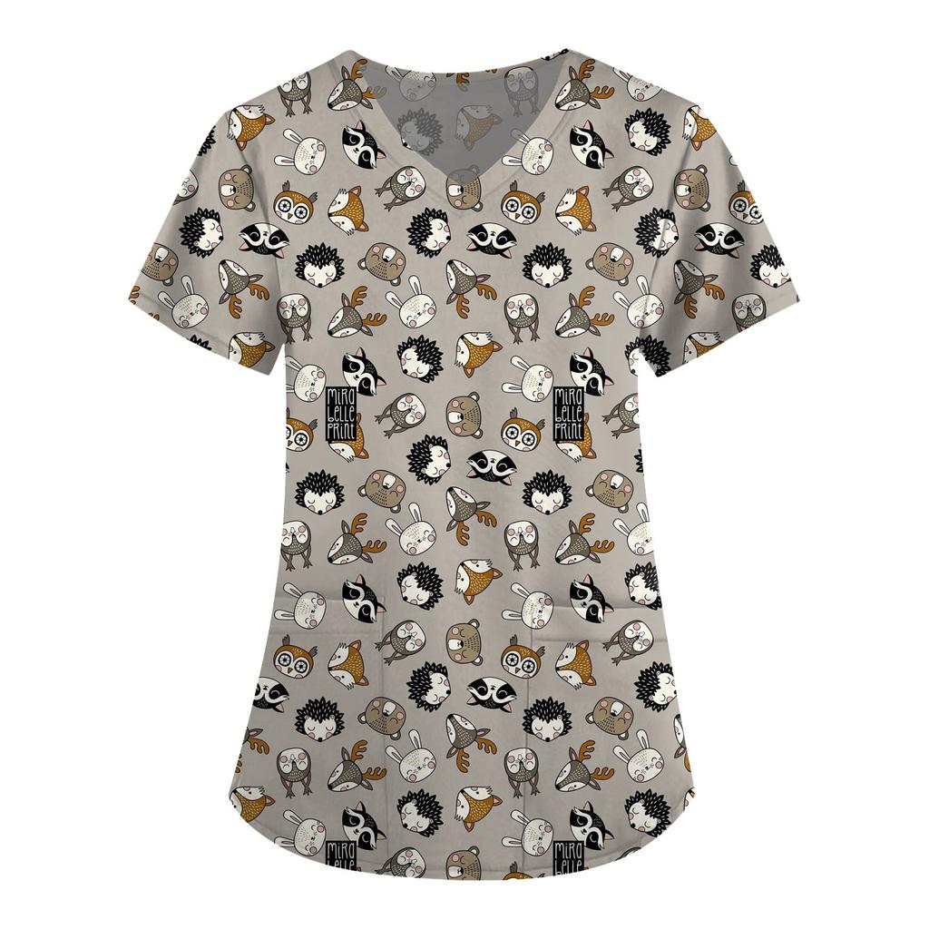 Women's Short Sleeve V-Neck Cute Animals Printed Pocket Carer Top