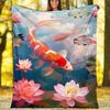 Флисовое одеяло с изображением карпов кои и лотосов, Плед с изображением счастливых карпов