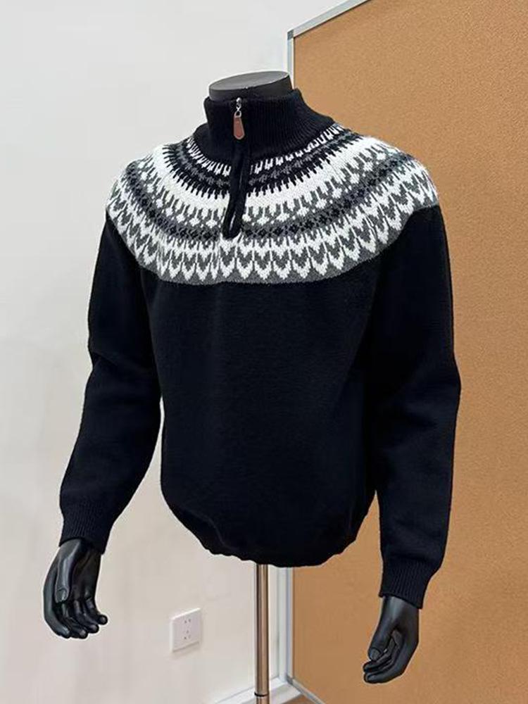 Men's Fair Isle Jacquard Half-Zip Knit Sweater, Autumn/Winter High-Neck Retro Style, Perfect for Couples