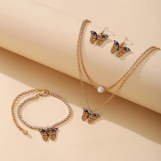 1 Set Dual Layers Butterflies Necklace Elegant Earrings Rhinestone Inlay Bracelet Jewelry Kit Accessories