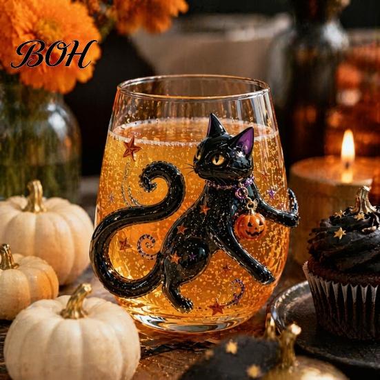 Modern Glass Tumbler Halloween Artisan Glassware, Stemless Drinking Glasses with Raised Pumpkin Ghost Black Cat Web Large Capacity Beverage